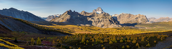 Views over the Cautley meadows to Mount Assiniboine and Wonder Pass.