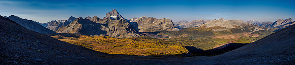 Views over the Cautley meadows to Mount Assiniboine and Wonder Pass.