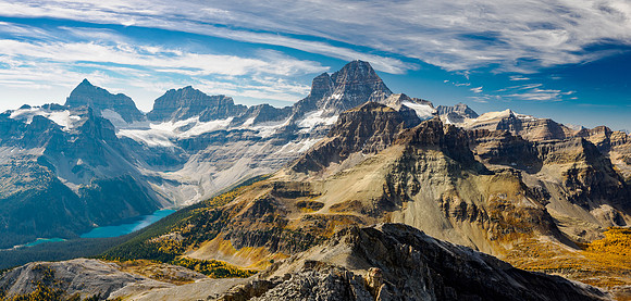 Views to Mount Assiniboine over Wonder Pass.