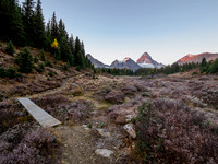 Early morning hike from Og Lake to Lake Magog. Sunrise on Mount Assiniboine.