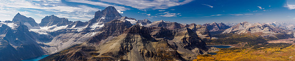 Views to Eon, Aye, Lunette, Assiniboine, Magog, Towers, Terrapin, Naiset over Wonder Pass.