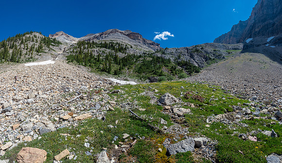 Finally we found our campsite on the little snow patch at center. Alcantara is conveniently rising straight up the gully at left (we'd descend here) and the Brussilof col is out of sight above the ne