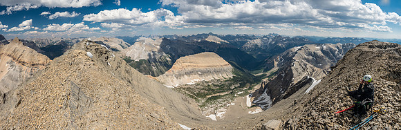 Enjoying the summit views looking north (L) and east (C,R) including peaks such as Alcantara, Marvel, Byng, Currie, Joffre, Sir Douglas, Red Man, White Man, Talon, Soderholm and the Royal Group.
