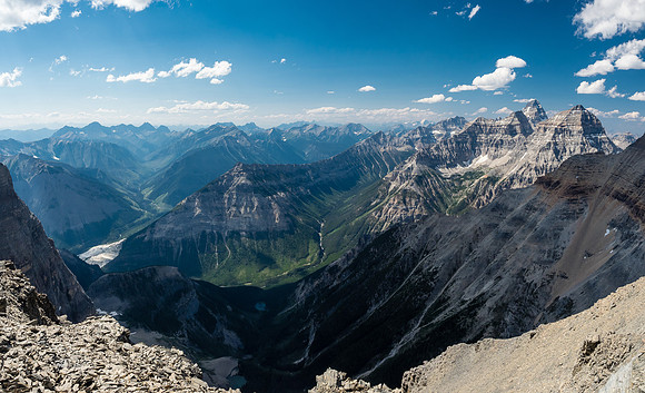 Looking way down around 1700 meters to the Aurora Creek FSR and our approach route with the Baymag Mine site at left and the Assiniboine Lake approach to Mount Assiniboine at center going right up th