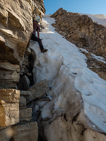 Working our way carefully down the snow gully. We had to be extra careful about pulling huge rocks down on ourselves or each other on this scramble.