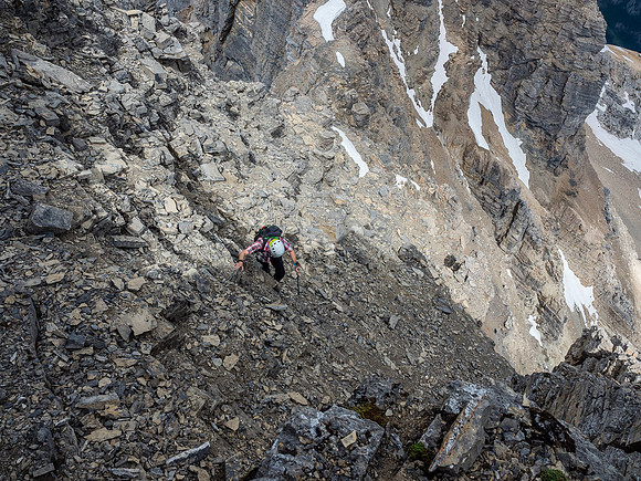 Much easier terrain after the crux, but a slip here would suck badly. Don't slip here.