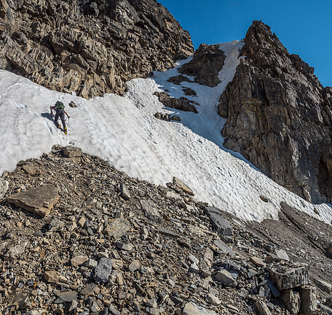 Phil down climbs the last steep bit of snow in fine form.