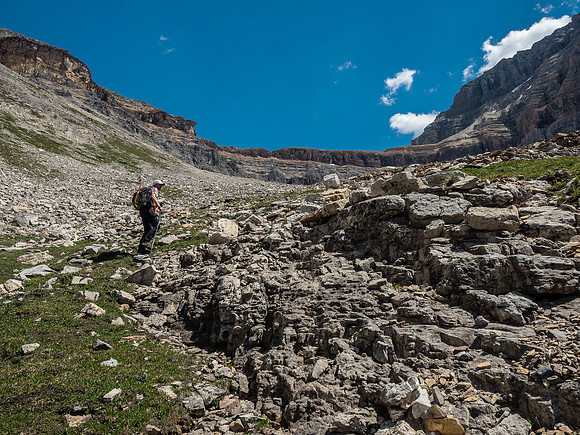 Above camp now, heading for the far line of cliffs.
