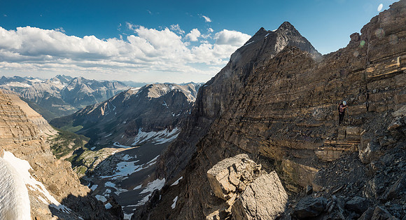 We had some spectacular positions and views on this scramble. Looking back at Phil traversing some ledges with the end of the summit ridge high above.