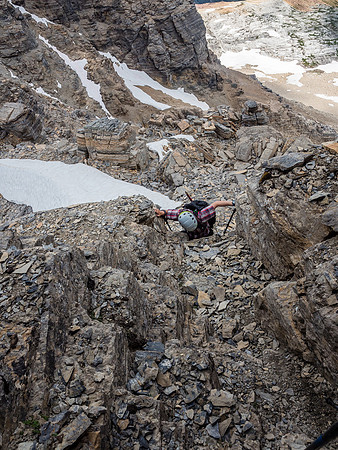 Phil stems over the crux just before the "crack" becomes a "chimney".