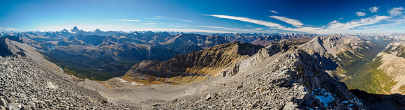 Views from Assiniboine (L) to Nestor, Simpson, Shanks, Ball, Golden and Fatigue.