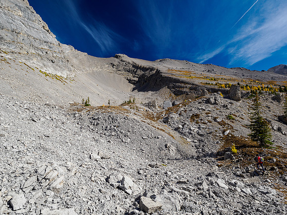 Hiking into a south rubble bowl under Nasswald Peak.