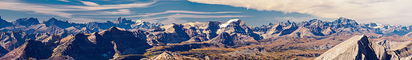 Views over the Sunshine Meadows to the Egypt Lakes area. Rockwall, Goodsirs and Mount Ball.