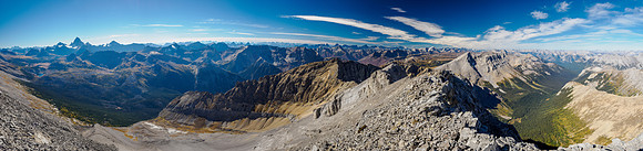 Views from Assiniboine (L) to Nestor, Simpson, Shanks, Ball, Golden and Fatigue.