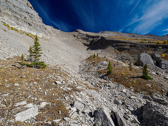Hiking into a south rubble bowl under Nasswald Peak.