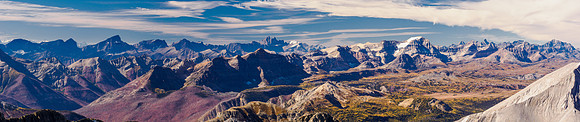 Views over the Sunshine Meadows to the Egypt Lakes area. Rockwall, Goodsirs and Mount Ball.