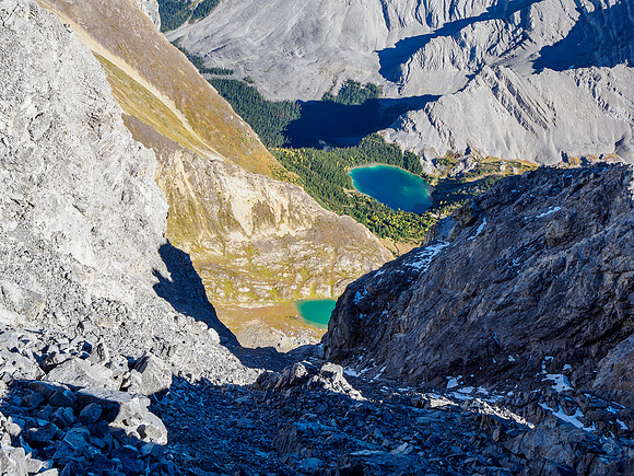 Views down the east face to a couple of ponds draining into upper Brewster Creek.