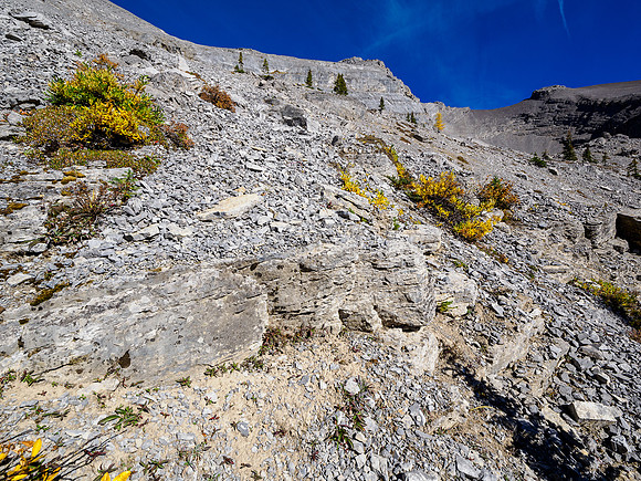 Hiking around the south cliffs of Golden Mountain towards Nasswald Peak.