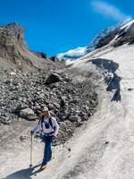 Off the North Glacier and descending through moraines towards the toe of the Mons and our bivy site.