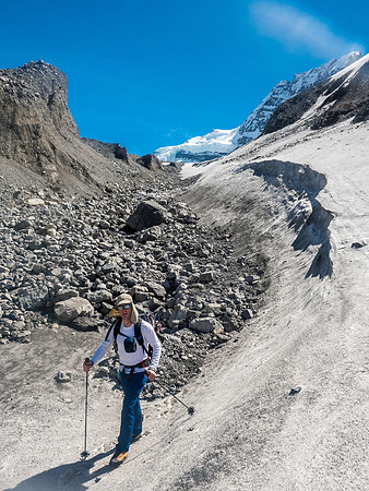 Off the North Glacier and descending through moraines towards the toe of the Mons and our bivy site.
