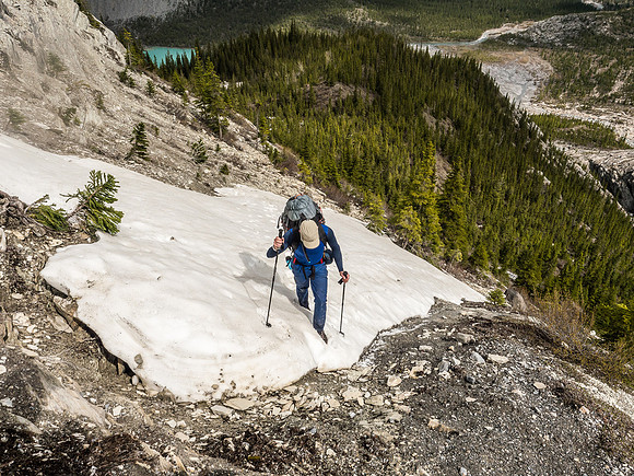We had to tip-toe up and across several patches of lingering snow (severe runout to our left) but nothing blocked our route completely.