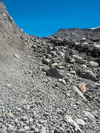Descending manky moraines.