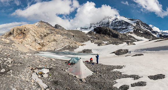 Our perfect camp. Forbes is at center, still buried in clouds.