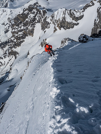 It looks much more mellow than it was, this is looking back at Mike on the snow arete - Anton and I have already cleared the soft wind slab / cornice