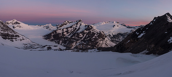 Gorgeous lighting back on Mons, Division and the Lyells (L to R) as we gain height on the North Glacier.