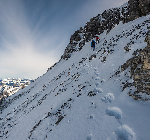 Mike and Anton bypassing the rock band on the west ridge, just beneath the summit shoulder.