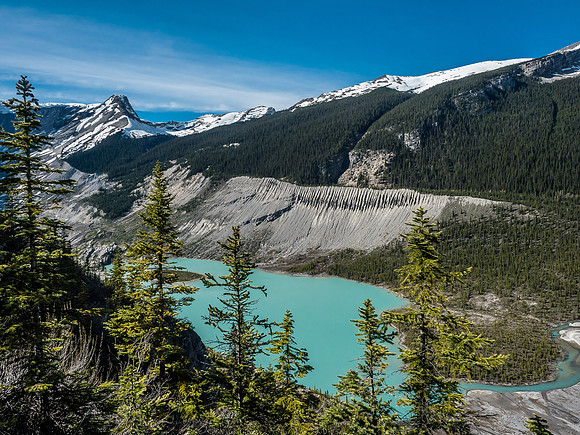A gorgeous view over Lyell Lake showing the moraine that is used to access the Lyell Meadows and Icefield.