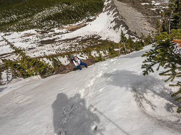 Ascending crappy snow on the headwall.