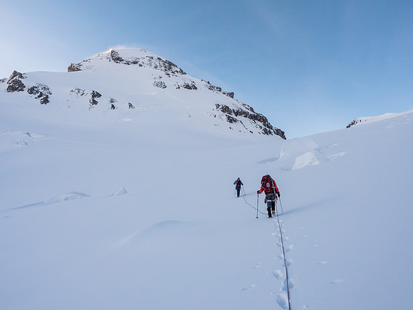 Approaching the NW face through a small serac field caused by falling ice from Rosita's glaciated east face to our right.