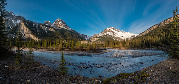 Another beautiful day dawns in this view looking back to the Lyells and the Mons drainage from our camp along the Glacier River.