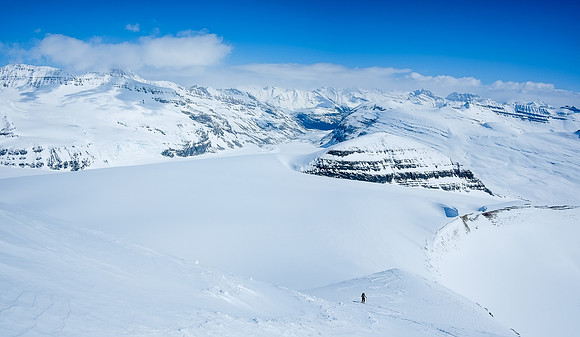 The slopes near the summit are steep. Ferenc comes up the summit block beneath me. We skied right to the summit ridge.