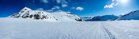 Looking back down the Saskatchewan Glacier. Mount Andromeda and Athabasca on the left. It's got to be the world's longest green ski run!