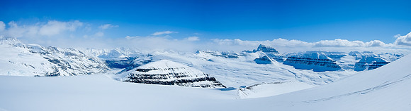 Looking towards the Castleguard Meadows from the ascent gully. Mount Saskatchewan the prominent peak just right of center.