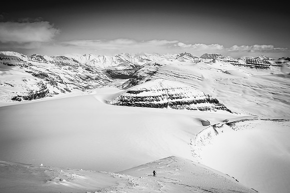 The slopes near the summit are steep. Ferenc comes up the summit block beneath me. We skied right to the summit ridge.