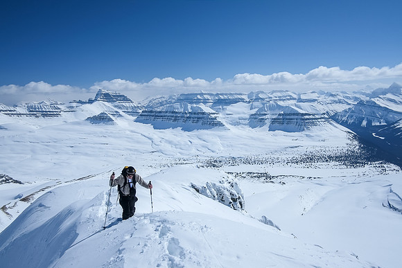 Ferenc comes up the summit ridge. The views are simply stunning from Castleguard Mountain, in every direction.