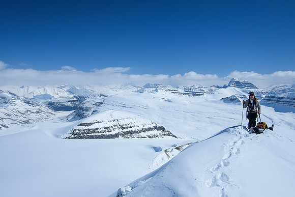 Ferenc comes up the summit ridge. The views are simply stunning from Castleguard Mountain, in every direction.