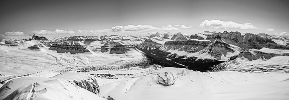 Looking east and south down the Alexandra River Valley. Views include Saskatchewan, Forbes and the Lyells. Cockscomb visible at distant right.