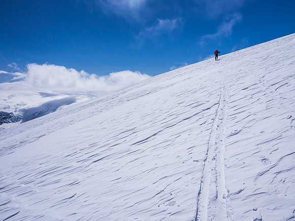 Up and down, Up and down! All at over 11000 feet - good times! Re-ascending Stutfield Peak after skiing Stutfield Peak NE
