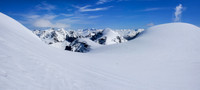 You can barely see JW skiing ahead of me towards the Stuts col with Stutfield NE in the background (right). In the Centre of the photo is Mount Cromwell.