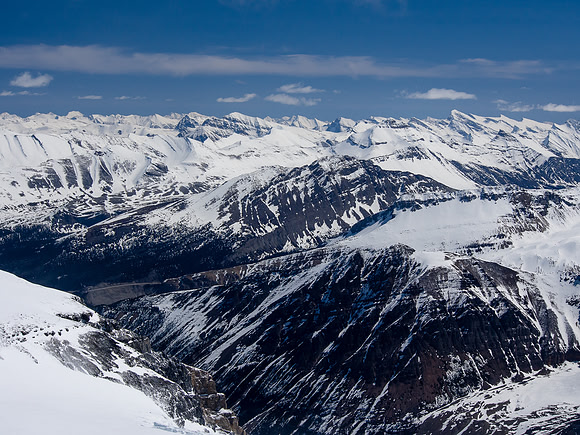 The Icefields Parkway is far below us.