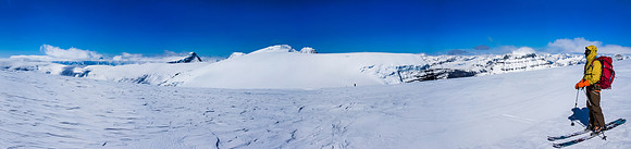 Nearing the summit of Stutfield NE looking back at Stutfield with Columbia, North Twin, Twins Tower and Alberta behind.