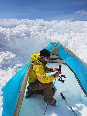 Setting up the tent when we get back - the tent pole was made from my ski poles so we had to collapse it during the day