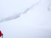 Snow and ice come tumbling down from the seracs overhanging our route from Snowdome as we debate whether to go through this route