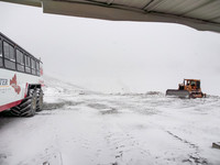 Grey views from the bus shelter above the icefield.