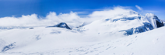Panorama from the descent of Stutfield Peak. Our camp is just to the left of the bump in front of Mount Columbia.