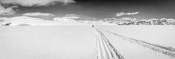 Looking back towards camp along the snowmobile tracks with Snow Dome at distant left and Bryce at distant right.
